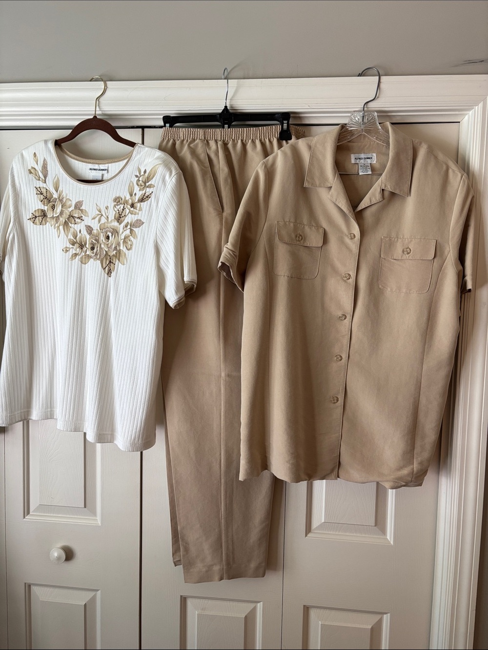 Alfred Dunner 3 Piece khaki Button-Front Women's Shirt Jacket, Pants & White Tee